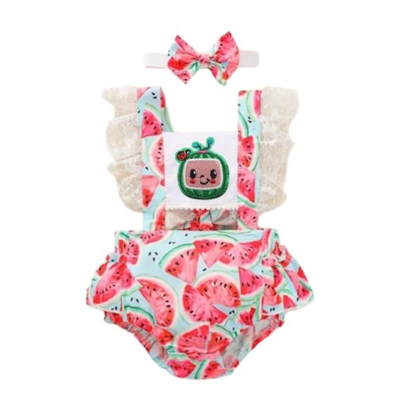 Cocomelon Themed Kids Dress Cocomelon Girls' Dress With Bow - Knee-Length  Tank Dress, Short Sleeve, Casual Play Wear Cocomelon Birthday Outfit